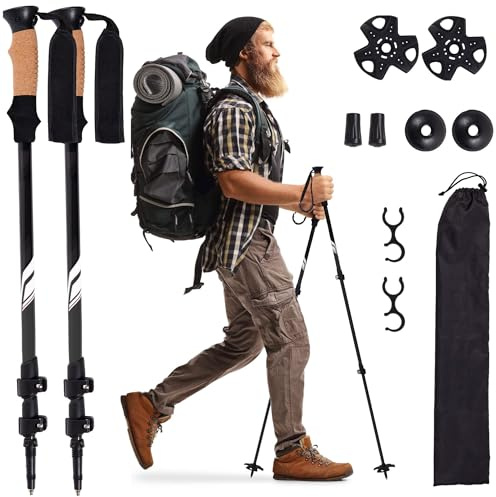 Trekking Poles for Hiking, Lightweight 7075 Aluminum Collapsible Walking Sticks with Cork Grips, Adjustable Height, Folding Hiking Poles for Men, Women & Seniors, Travel & Backpacking Gear