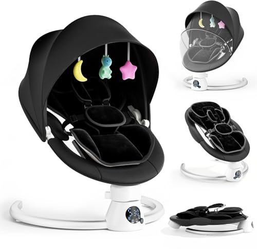 Electric Baby Swing, Adjustable Backrest Infant Swing with Removable Cushion, APP/Remote/IMD Panel Control Baby Bouncer Chair with 5 Swing Speeds 3 Timers and 12 Music, 2 Power Option (Black)