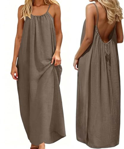 Eahusar Summer Dresses for Women Backless Spaghetti Strap Cami Solid Sundress Flowy Loose Long House Vacation Beach Dress with Back Tie