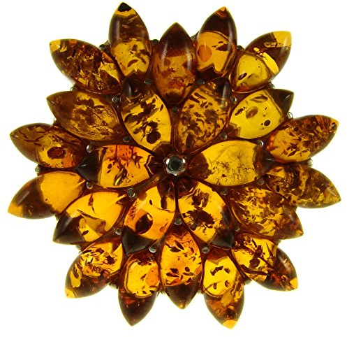 Baltic amber and sterling silver 925 cognac flower leaf brooch pin