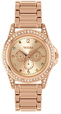 Tikkers Girls Rose Gold Stainless Steel Bracelet Multicoloured Gem Dial Watch ATK1053