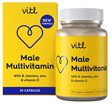 Vitl Male Multivitamin & Minerals Supplement - 30 Vegan Capsules - 20 Essential Nutrients Including B Vitamins, Zinc, Vitamin D & Plant Extracts - Support Overall Male Wellbeing - 1 Month Supply