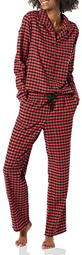 Amazon Essentials Dam Flanell Långärmad Knapp Framsida Skjorta och Byxpyjamasset, Svart Röd Mini Buffalo Rutig, Large