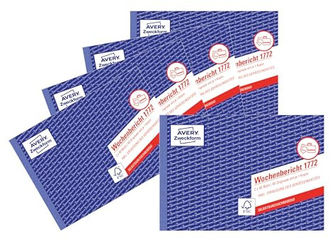 AVERY Zweckform 1772-5 Wochenbericht (A5 quer, selbstdurchschreibend, von Rechtsexperten geprüft, für DE/AT zur wöchentlichen Dokumentation der Arbeitsleistung, 2x40 Blatt) 5er-Pack, weiß/gelb, Blau
