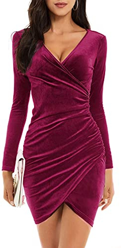Yutdeng Abito da Donna Vestito a Maniche Lunghe Scollo a V Vestito da Sera Autunno e Inverno Elegante Abito da Festa in Velluto Increspato Vintage Abito da Cocktail Dress Rosa Rosso XL