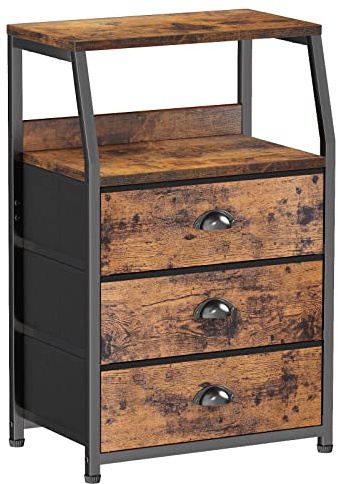 Furnulem Nightstand with 3 Drawers and 2-Tier Shelf, Fabric Small Dresser Organizer Vertical Storage Tower for Bedroom, Closet, Hallway, Nursery, End Table Side Furniture, Sturdy Steel Frame, Wood Top