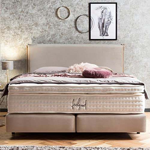 Premium Boxspringbett 140x200 London Samt, ohne Visco-Topper, Doppelbett, Hotelbett, ohne Bettkasten, 7 Zonen Taschenfederkern-Matratzen, Aufbau KOSTENLOS (Beige, 140x200 cm ohne Topper)