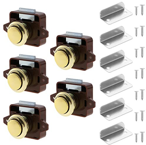 HSEAMALL 5 Cerraduras de Botón a Presión, Cerraduras de Cajón de Armario, Cerradura de Puerta Sin Llave para Caravana, Barco, Marrón y Dorado