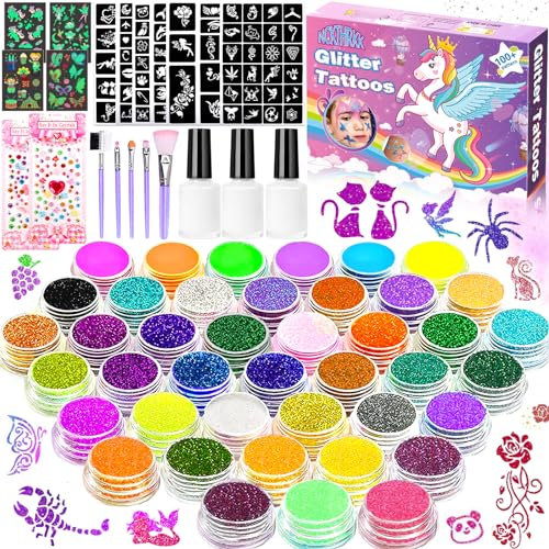 NCKIHRKK Glitzer Tattoo Set Kinder, Temporäre Glitzertattoos Mädchen, 42 Farben 218 Strasssteine 145 Schablonen 5 Pinsel 3 Kleber Make Up Kit, Tattoo Kinder Geburtstag Weihnachten Ostern Geschenk