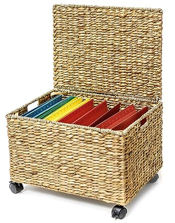 Trademark Innovations Rolling File Box Wicker File Cabinet Hanging File Baskets Water Hyacinth Storage Basket