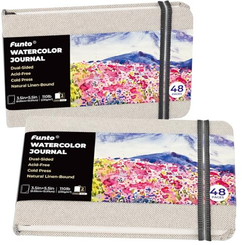 Funto Aquarell-Tagebuch, 3,5x5,5, 2er Pack, je 48 Seiten, kaltgepresstes Aquarellpapier mit Innentasche und Gummiband, 110 lb/230 g/m², Kunstzubehör für Aquarelltechniken und Mischtechniken