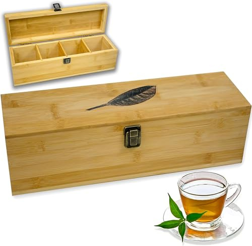 Zen Earth Inspired Bamboo Tea Organizer Box Chemical Free Eco-Friendly Big, Tall, Adjustable Cubbies Natural Wooden Storage Chest (4-Slot Across 14.3 x 4.4 x 4.2 with Tea Leaf design)