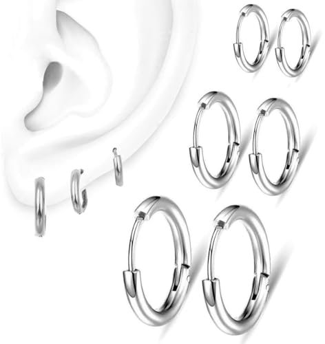 VZUHSW 3 paia di orecchini a cerchio in acciaio inossidabile, orecchini a cerchio per cartilagine, anelli da naso labbro, per donna uomo 8/10/12 mm (argento)