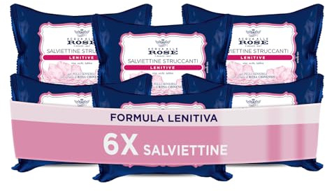 Acqua alle Rose Salviettine Struccanti Lenitive per Pelli Sensibili, con Estratto di Rosa Chinensis, Azione Struccante su Viso, Occhi e Labbra, 6 Confezioni da 20 pz