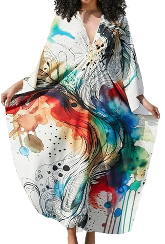 Bsubseach Mujer Traje de baño Cubrir Estampado étnico Kaftan Beach Maxi Vestidos