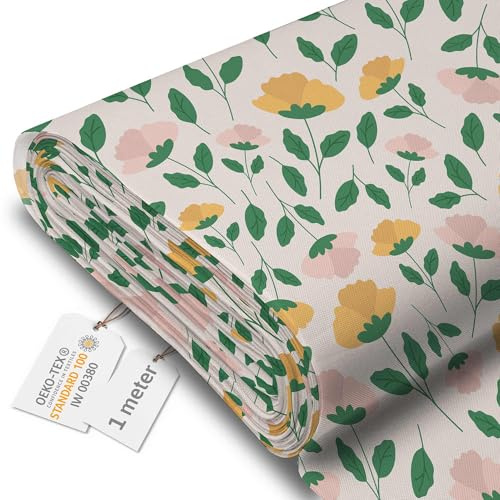 DreamRoots Tissu imperméable extérieur au metre 160 cm Largeur - Toile exterieure impermeable 100% de polyester 600D 220g/m - Tissus au metre ameublement Flower Market 1M