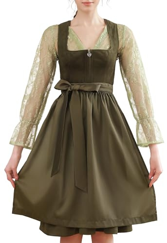 EIISSION Dirndl Damen midi Lang Dirndl Grün Trachtenkleid Trachtenrock Dirndl-Komplettsets Trachtenmode Trachten Damen mit 3 Teilig Schürze Dirndlbluse Oktoberfest Dresses Dirndlkleid 48