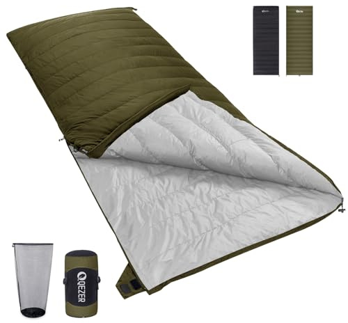 QEZER [Plumón] Saco De Dormir Adulto & Saco De Dormir Niños [-8℃~0℃,1.6 kg],Invierno Ultraligero,para Camping, Senderismo, Acampada,Montaña y Viajes De Montaña.Sleeping Bag de 3 Estaciones (Verde 0℃)