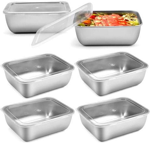 6 recipientes herméticos de acero inoxidable con tapa, 500 ml, apilables, recipientes de acero inoxidable con tapa, reutilizables, aptos para lavavajillas y saludables, 13,5 x 10,5 x 5 cm