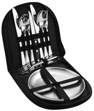 BOOMLATU 10pcs Camping Cutlery Set with Case, 2 Person Portable Food-Grade Stainless Steel Picnic Utensils with Spoons Forks Plate, Ideal for Road Trips, Picnics, and Camping Adventures (Silvery)