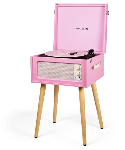 Vintage stående rosa vinylskivspelare med avtagbara ben, inbyggda 4 högtalare, USB till PC-kodning, 33/45/78 varv/min LP-spelare Bluetooth retro skivspelare stöder hörlursuttag, RCA-utgång, AUX-in