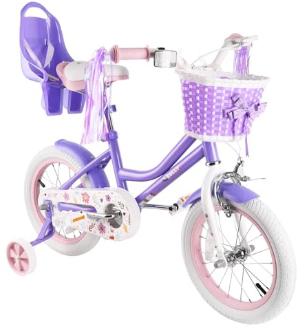 RULLY Bicicleta Daisy de 18 para niñas de 5, 6, 7, 8 y 9 años, bicicleta infantil de 18 con ruedines, soporte y cesta, color lila