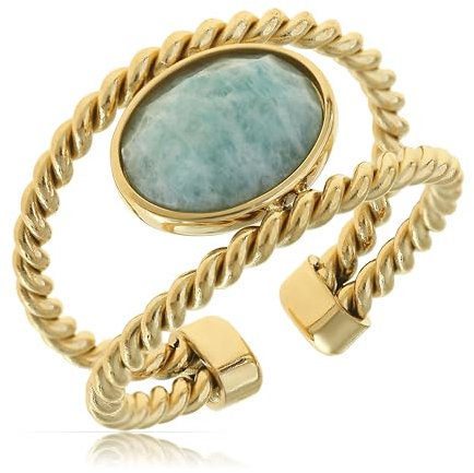 Made by Nami Boho Ring Gold Damen mit Edelstein Ring Verstellbar aus Chirurgischem Edelstahl 316 Geschenke für Frauen Wasserfester Schmuck (Türkiser Stein Doppelreihig)