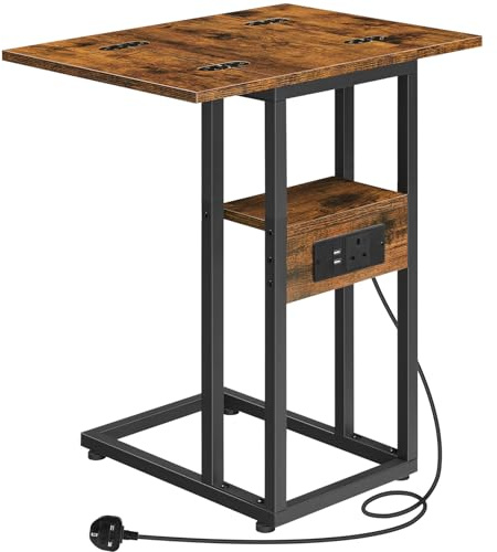 HOOBRO Foldable Side Table, Bedside Table with Charging Station, C Shaped Side Table with Storage Shelf, Slim Sofa Table Small Tables Laptop Tables for Small Space, Rustic Brown and Black EBF29KSF01