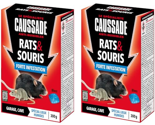 Caussade Anti Rats & Souris - Forte Infestation - Lieux Très Humides - 20 Appâts Blocs - Prêt à l'emploi - Une Ingestion Suffit - 2x300g CARSBL300NX2