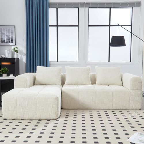 KOMHTOM Canapé 3 Places d'angle en L avec 3 Coussins et Accoudoirs, Canapé Modulable Salon en Tissu Chenille avec Chaise Longue et Poche Latérale, canapé Moderne DIY (Beige-2)