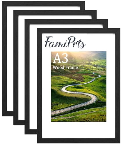 4Pack A3 Picture Frame, Wooden A3 Photo Frames, with A4 Mount | Dual Orientation (Landscape/Portrait), Includes Wall Hooks - Wall Mount for Home, Office, Gallery-Black