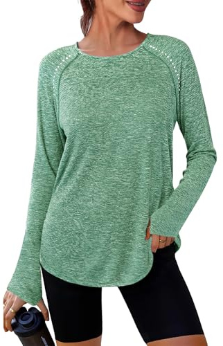 Crewhpo Maglia Sportiva Donna Traspirante Maglia Running Manica Lunga Maglietta Trekking con Fori per i Pollici Asciugatura Rapida Camicia da Yoga Ampia Maglietta da Corsa per Fitness Palestra S-XXL
