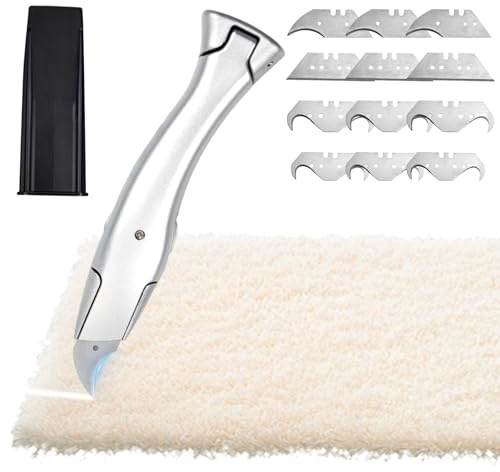 Juego de cúter para alfombras, cúter con hoja trapezoidal, cuchillo de gancho con una selección de cuchillas de repuesto y fundas protectoras de plástico, aleación de aluminio, hoja de acero SK2, para