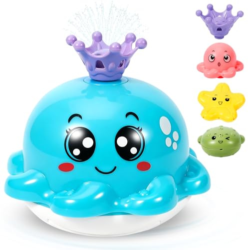 GMUFTIR Giochi Bagnetto Neonato, Polpo Giochi Vasca da Bagno Bambini Spruzzo d'Acqua Automatico, Giochi Bagnetto con Luce a LED, 4 Teste di Spruzzo, Giocattoli da o Piscina per 1 2 3 Anno, Blu