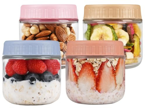 KINLINK Overnight Oats Containers with Lids, 280ml Macaron Color Glass Jars with Lids 4 pcs, Oatmeal Salad Jars for Salad Yogurt Snacks Fruit