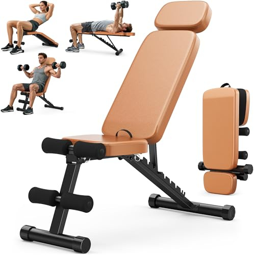 XDDIAS Workout Bench, 10 Backrests Adjustable Weight Bench with Extended Headrest, 800LBS Foldable Weight Bench for Home Gym, Incline Decline Flat Bench Compact for Small Space Training, Brown
