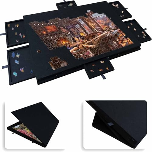 Lutande pusselbräda med 2-i-1 designad ställning och lock, lätt filtförvaringsväska med 6 lådor, pusselbord för vuxna och barn Black 1000 pieces 77 * 53.6 * 4.2cm
