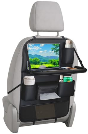 VEHIRIE Protection Dossier Siège Auto avec Organiseur & Table Rabattable – 3-en-1 Range-Siège Enfant, 8 Compartiments, Table Pliable, Cuir Premium Épais – Accessoires Auto Intérieur (Noir)