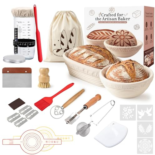 UIOK Cestino Lievitazione Pane,18 Pezzi Set per Lievito Madre con Cesto Rotondo e Ovale in Rattan Naturale Barattolo per Lievito Madre,Raschietto Pasta e Lame Taglierina, Accessori per Panificazionea