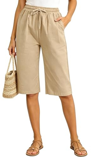 Neteson Short Long Femme Ete Pantacourt Fluide Léger Short Bermuda Coton | Pantalon Court Décontracté Pants de Plage Taille Haute Detente avec Poche