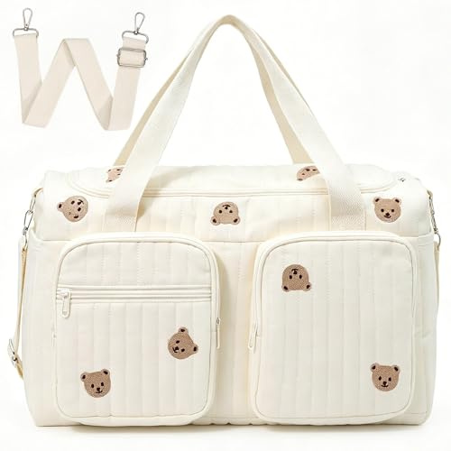 HINATDD Borsa Fasciatoio in Cotone, Borsa Parto Ospedale Mamma Multifunzionale con Tracolla Rimovibile, Borsa Passeggino Universale Grande per Viaggio, Parto in Ospedale, Campeggio (6 Tasche)