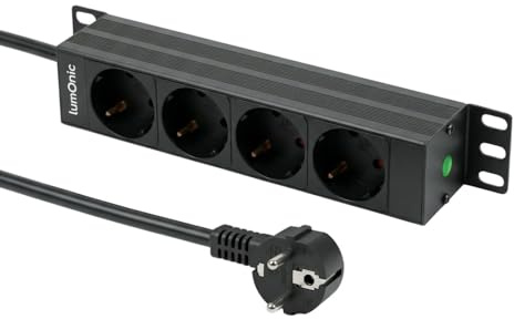 Lumonic 10 uttagslist | PDU 4-faldig | Utan strömbrytare | 1U, aluminiumlegering, svart | 2m anslutningskabel 3G1.5 | 45° Schuko-uttag | kort sikt max. 3680W | Rack, serverskåp