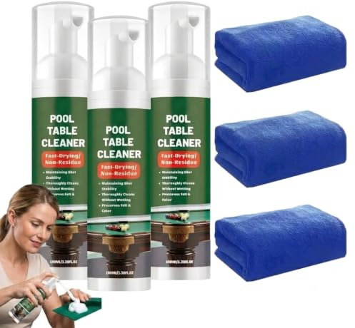 Table Cloth Dust Removal Care Solution, Gentle Foam Billiard Tables Cleaner Spray with Towel, Fast-Drying & Deep Cleaning Pool Table Cleaner, No Residue Restores Smooth Surface,Easy to Use (3pcs)