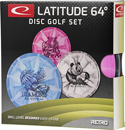 Latitude 64 Beginner Retro Burst Disc Golf Starter Set | Set Includes a Retro Ruby, Retro Pearl, and a Retro Diamond | Disc and Stamp Colors Will Vary (3 Discs)