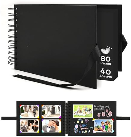 Morocket Álbum de Fotos Scrapbook A4 para Pegar Y Escribir,Diy Personalizar Spiral Scrapbooking Álbum de 30 Páginas Negras Albumes de Recortes Regalo para Bebés, Amigos, Libros de Firmas