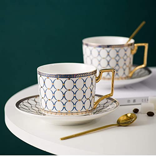Ecoodisk Coppa Europea e Set di piattini, 6,8 Once di Cina fine Platinum Platinum Cup, Cucchiaio Dorato, Tazza, Cappuccino, Latte, Moka, Espresso, Design Moderno. (Bianca)