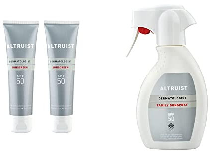 ALTRUIST. Dermatologist Sunscreen SPF 50 – Superior 5-star UVA protection by Dr Andrew Birnie, suitable for sensitive skin - 100 ml (Pack of 2) & Family Sunspray SPF50 250ml, White