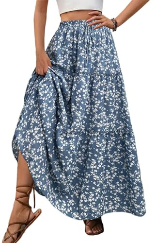 EMOTTOS Jupe Taille Elastique, Jupe Longue Femme Boheme avec Ceinture élastiquée, Taille Haute, Ligne A, Motif Floral, Style Vintage Décontracté pour l'été, Bleu S