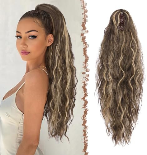 FESHFEN Coleta Postiza Pelo Natural con Pinza Cola Postiza Largo Ondulado Rizado Marrón Castaño Mixto Rubio Ceniza Sintética Extensiones Coleta Postizos para Mujeres, 65 cm