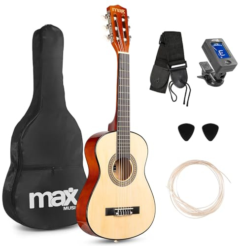 MAX SoloArt - 1/4 Gitarre Kinder ab 3 Jahre - Akustik Gitarre inkl. Tasche, Plektrum, Gurt und Saiten-Zubehör, Kindergitarre 3 Jahre, Guitar in Natur Holz